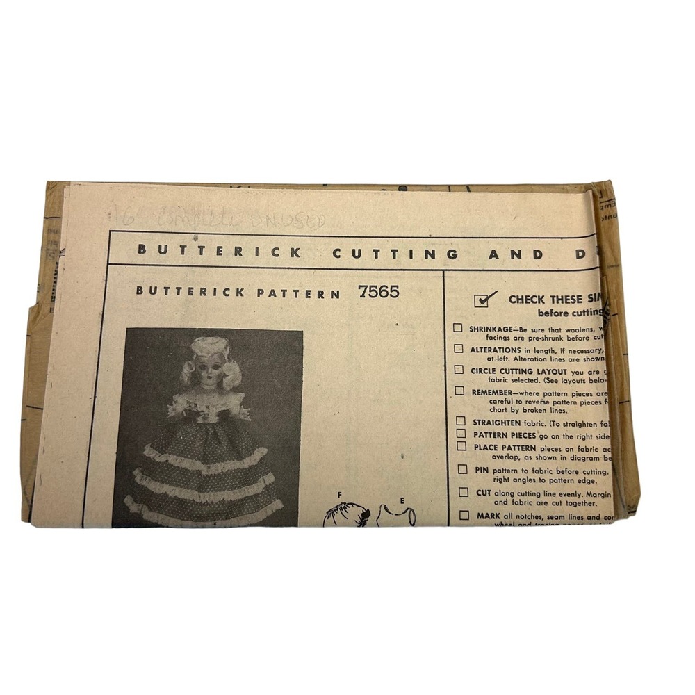 Butterick Vintage Mail‎ Order Pattern #7565 16" Doll Wardrobe HTF RARE